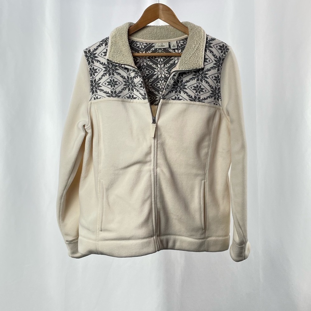 L.L. Bean‎ Printed Fleece Full Zip Jacket in Cream Grey Size Large